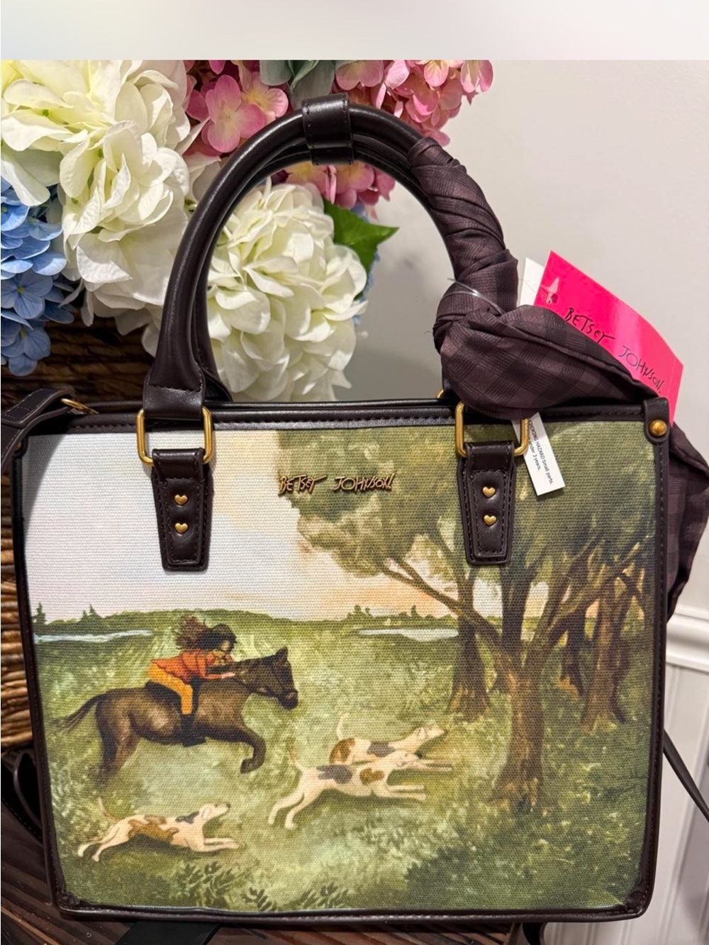 Betsey Johnson Green Equestrian Print Satchel with Brown Trim